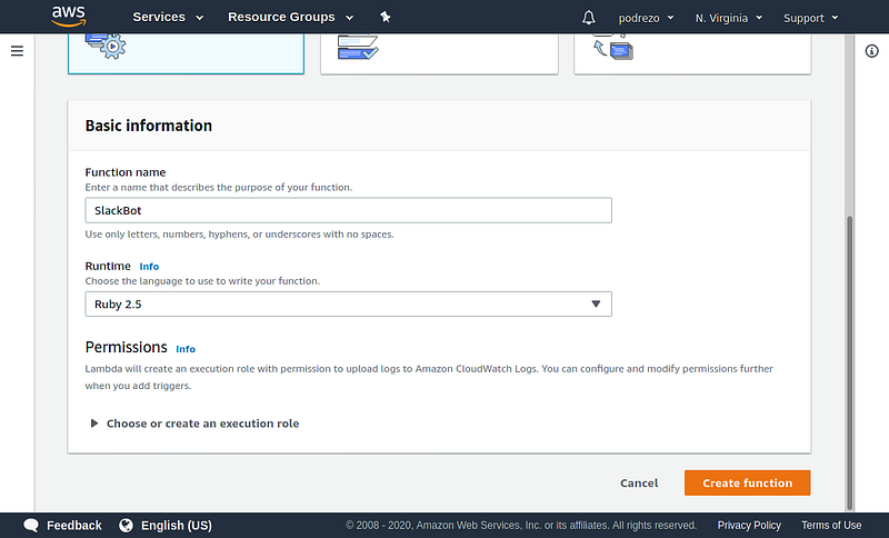 AWS Lambda function configuration showing SlackBot with Ruby 2.5 runtime
