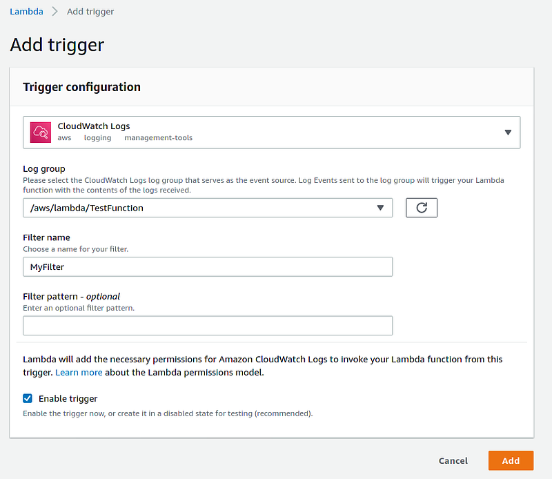 AWS Lambda trigger configuration for CloudWatch Logs