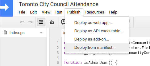 Apps Script publish menu with deployment options