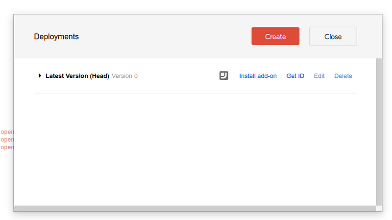 Apps Script deployments dialog showing latest version