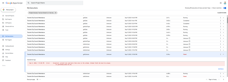 Google Apps Script executions log showing errors