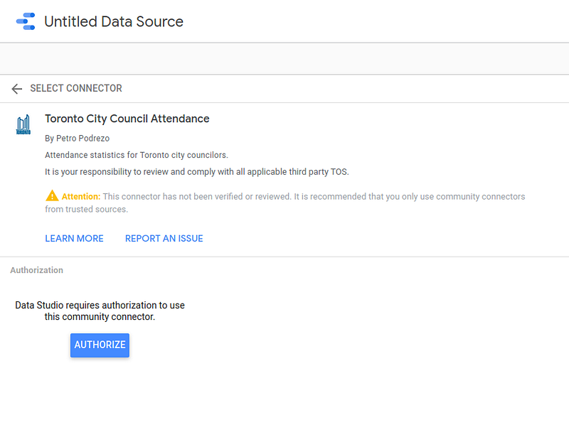 Data Studio authorization screen for connector