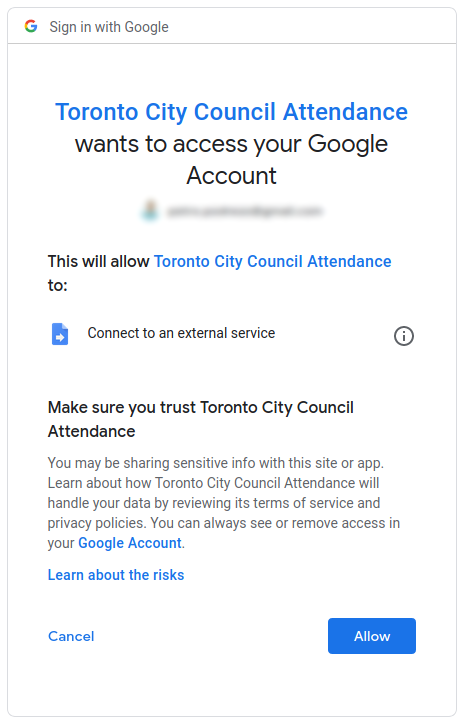 Google OAuth permissions dialog for external service access